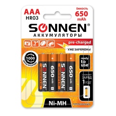 Батарейки аккумуляторные КОМПЛЕКТ 4шт, SONNEN, AAA (HR03), Ni-Mh, 650mAh, в блистере, 455609 фото