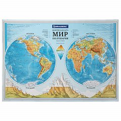 Карта мира физическая "Полушария" 101х69 см, 1:37М, интерактивная, европодвес, BRAUBERG, 112375 фото