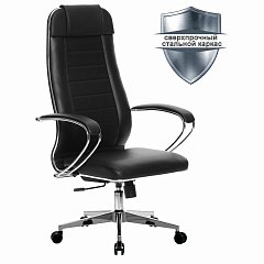 Кресло офисное МЕТТА "К-29" хром, рецик. кожа, сиденье и спинка мягкие, черное фото