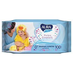 Салфетки влажные КОМПЛЕКТ 100 шт., для детей AURA "Ultra comfort", универсальные, очищающие, гипоаллергенные, без спирта, 5637 фото