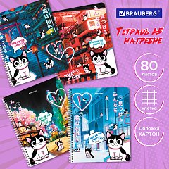 Тетрадь А5 80 л. BRAUBERG, гребень, клетка, обложка картон, "Anime Cats" (микс в спайке), 404415 фото