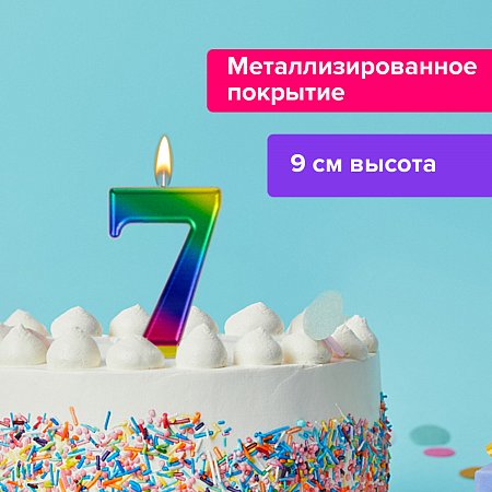 Свеча-цифра для торта "7" "Радужная", 9 см, ЗОЛОТАЯ СКАЗКА, с держателем, в блистере, 591440 фото