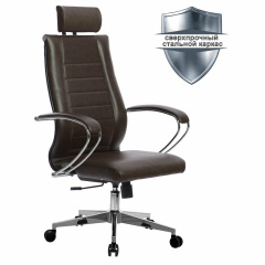 Кресло офисное МЕТТА "К-32" хром, рецик. кожа, подголовник, сиденье и спинка мягкие, темно-коричневое фото