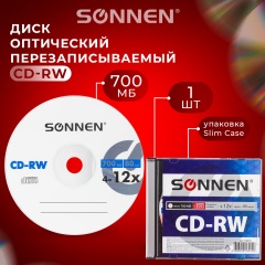 Диск CD-RW SONNEN, 700 Mb, 4-12x, Slim Case (1 штука), 512579 фото