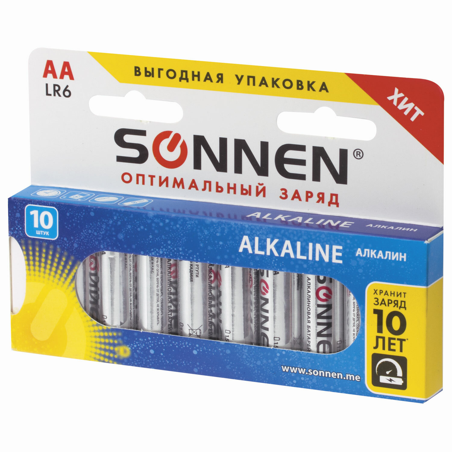 Батарейки комплект 10 шт., Sonnen Alkaline, АА (lr6, 15а), алкалиновые, пальчиковые