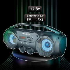 Колонка портативная с подсветкой SONNEN B306, 12 Вт, Bluetooth, FM-тюнер, microSD, MP3-плеер, черная, 513479 фото