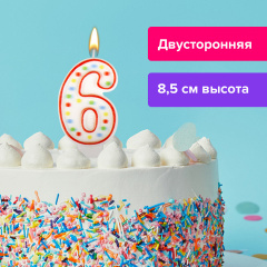 Свеча-цифра для торта "6" ДВУСТОРОННЯЯ с конфетти, 8,5 см, ЗОЛОТАЯ СКАЗКА, держатель, блистер, 591399 фото