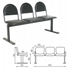Кресло для посетителей трехсекционное "Тройка", 835х1420х520 мм, черный каркас, черный кожзам, СМ 91-03 К01 фото