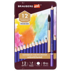 Карандаши художественные цветные акварельные BRAUBERG ART PREMIERE, 12 цветов, грифель 4 мм, металл, 181533 фото