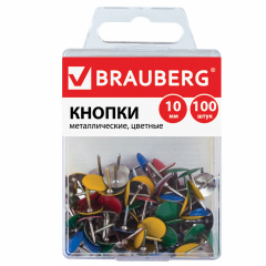 Кнопки канцелярские BRAUBERG, металлические, цветные, 10 мм, 100 шт., в пластиковой коробке, 221114 фото