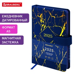 Ежедневник датированный 2025 А5 138x213 мм BRAUBERG "Goldy", под кожу, золотой срез, синий, 115897 фото