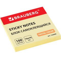 Блок самоклеящийся (стикеры) BRAUBERG, ПАСТЕЛЬНЫЙ, 76х76 мм, 100 листов, желтый, 122690 фото