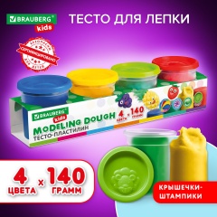 Пластилин-тесто для лепки BRAUBERG KIDS, 4 цвета, 560г, яркие классические цвета, крышки-штампики, 106715, TA1010V фото