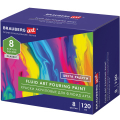 Краски акриловые для техники "Флюид Арт" (POURING PAINT), 8 цветов по 120 мл, Цвета радуги, BRAUBERG ART, 192242 фото
