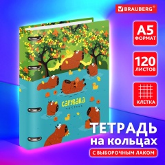 Тетрадь на кольцах А5 160х212 мм, 120 листов, картон, выборочный лак, клетка, BRAUBERG, "Капибары", 404731 фото