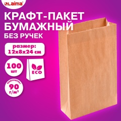 Крафт-пакет бумажный 12х8х24см, КОМПЛЕКТ 100 шт, плотность 90г/м2, LAIMA ECO CRAFT, 609682 фото