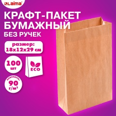 Крафт-пакет бумажный 18х12х29см КОМПЛЕКТ 100 шт. плотность 90г/м2, LAIMA ECO CRAFT, 609683 фото