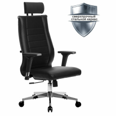 Кресло офисное МЕТТА "К-32-2D" хром, рецик. кожа, подголовник, сиденье и спинка мягкие, черное фото