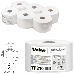 Бумага туалетная 215 м, VEIRO (Система T8), КОМПЛЕКТ 6 шт., с центральной вытяжкой, Comfort, 2-слойная, TP210 фото