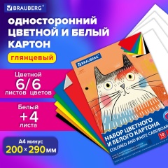 Набор картона БЕЛЫЙ+ЦВЕТНОЙ А4 мелованный, 10л. (белый 4л + цветной 6л), в папке, BRA, 116630 фото