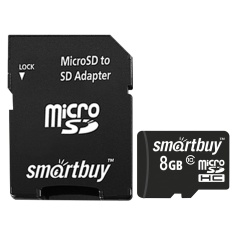 Карта памяти micro SDHC, 8 GB, SMARTBUY, 10 Мб/сек. (class 10), с адаптером, SB8GBSDCL10-01 фото