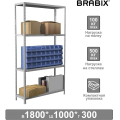 Стеллаж металлический BRABIX "MS KD-180/30-4", 1800х1000х300 мм, 4 полки, сборная стойка, 291114, S240BR143402 фото