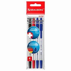 Ручки шариковые BRAUBERG "ULTRA", НАБОР 4 штуки (2 синих, 1 черная, 1 красная), узел 1 мм, 143569 фото
