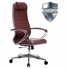 Кресло офисное МЕТТА "К-6" хром, рецик. кожа, сиденье и спинка мягкие, темно-коричневое фото