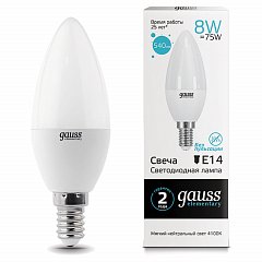 Лампа светодиодная GAUSS, 8(75)Вт, цоколь Е14, свеча, нейтральный белый, 25000 ч, LED B37-8W-4100-E14, 33128 фото