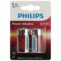 Батарейки алкалиновые КОМПЛЕКТ 2 шт PHILIPS Power Alkaline, C (LR14, 14А) блистер, Б0062687 фото