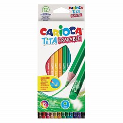Карандаши цветные стираемые с резинкой CARIOCA "Erasable", 12 цветов, пластик, шестигранные, заточенные, 42897 фото