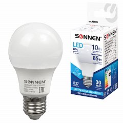 Лампа светодиодная SONNEN, 10 (85) Вт, цоколь Е27, груша, нейтральный белый свет, 30000 ч, LED A60-10W-4000-E27, 453696 фото