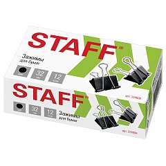 Зажимы для бумаг STAFF "EVERYDAY", КОМПЛЕКТ 12 шт., 32 мм, на 140 листов, черные, картонная коробка, 224608 фото
