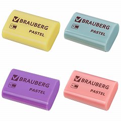Ластик BRAUBERG "Pastel", 37х24х11мм, ассорти пастельных цветов, экологичный ПВХ, 229582 фото