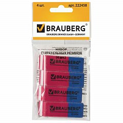 Набор ластиков BRAUBERG "Assistant 80", 4 шт., 41х14х8 мм, красно-синие, прямоугольные, скошенные края, 222458 фото