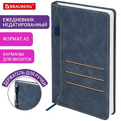 Ежедневник недатированный А5 138х213мм BRAUBERG Slot, под кожу, держатель для ручки, 160 листов, синий, 116607 фото