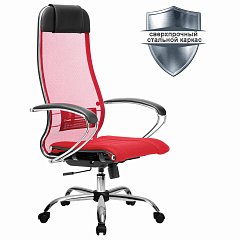 Кресло офисное МЕТТА "К-3" хром, ткань-сетка, сиденье и спинка регулируемые, красное фото