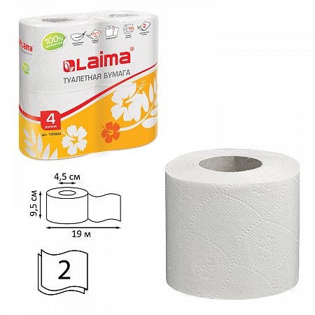 Бумага туалетная бытовая, спайка 4 шт., 2-х слойная, (4х19 м), LAIMA, белая, 126904 фото