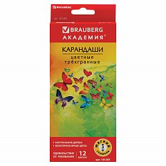 Карандаши цветные BRAUBERG "Бабочки", набор 12 цветов, трехгранные, корпус с полосками, 181285 фото