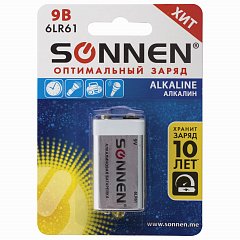 Батарейка SONNEN Alkaline, Крона (6LR61, 6LF22, 1604A), алкалиновая, 1 шт., блистер, 451092 фото