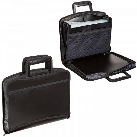 Папка-портфель пластиковая BRAUBERG А4+ (355х290х60 мм), выдвижные ручки, 9 отделений, 1 карман, черная, 225168 фото
