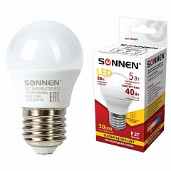 Лампа светодиодная SONNEN, 5 (40) Вт, цоколь E27, шар, теплый белый свет, 30000 ч, LED G45-5W-2700-E27, 453699 фото