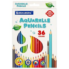 Карандаши цветные акварельные BRAUBERG PREMIUM AQUARELLE, 36 цветов, трехгранные, утолщенный грифель 4 мм, натуральное дерево, 181674 фото