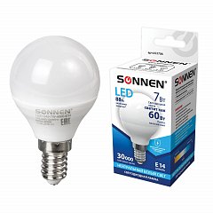Лампа светодиодная SONNEN, 7 (60) Вт, цоколь Е14, шар, холодный белый свет, 30000 ч, LED G45-7W-4000-E14, 453706 фото
