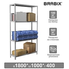 Стеллаж металлический BRABIX "MS KD-180/40-4", 1800х1000х400 мм, 4 полки, сборная стойка, 291115, S240BR144402 фото