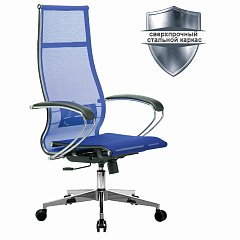 Кресло офисное МЕТТА "К-7" хром, прочная сетка, сиденье и спинка регулируемые, голубое фото
