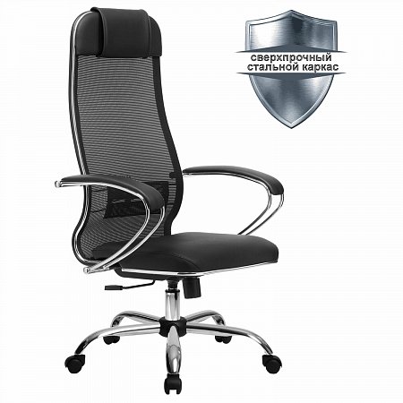 Кресло офисное МЕТТА "К-5.1" хром, ткань-сетка/кожа, сиденье мягкое, черное фото