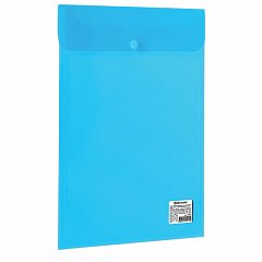 Папка-конверт с кнопкой BRAUBERG, вертикальная, А4, до 100 листов, прозрачная, синяя, 0,15 мм, 224977 фото