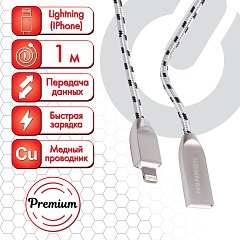 Кабель USB 2.0-Lightning, 1 м, SONNEN Premium, медь, для iPhone/iPad, передача данных и зарядка, 513126 фото