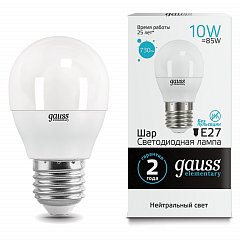 Лампа светодиодная GAUSS, 10(85)Вт, цоколь Е27, шар, нейтральный белый, 25000 ч, LED G45-10W-4100-E27, 53220 фото